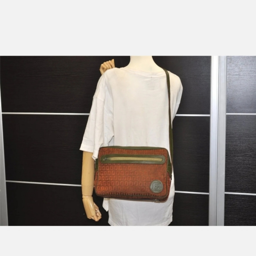 FENDI Zucchino Shoulder CrossBody Bag Canvas/Leather Brown Green  Authentic